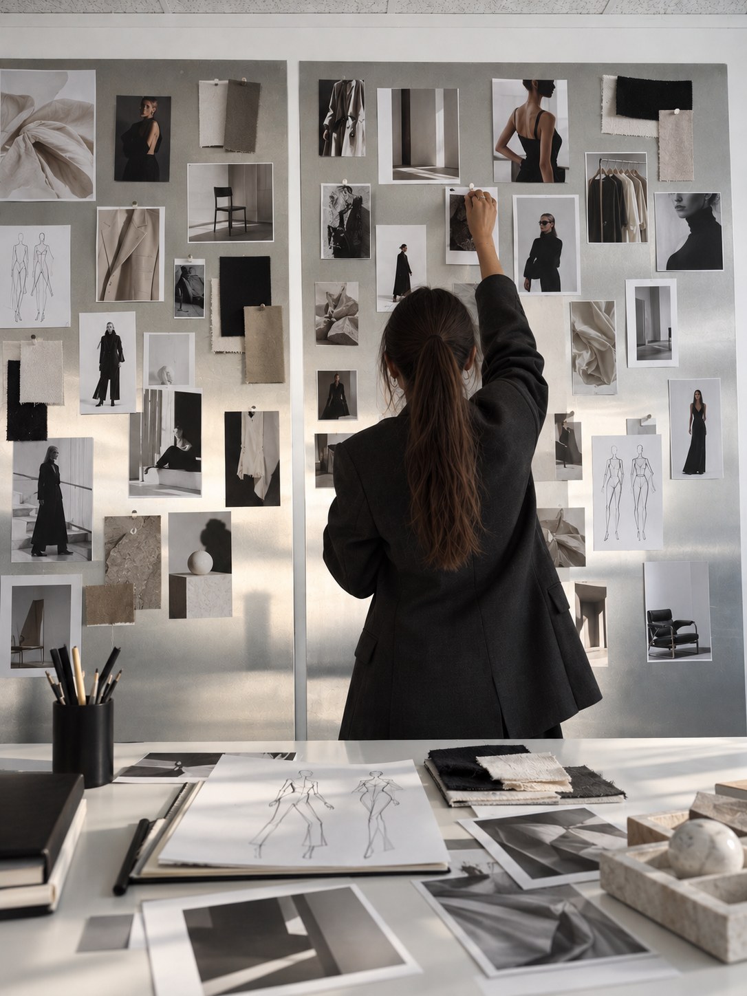 Revisión de moodboard y colección en el estudio de StherStudio