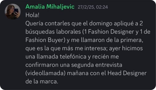 Mensaje de Amalia Mihaljevic contando que le confirmaron una segunda entrevista con el Head Designer de la marca