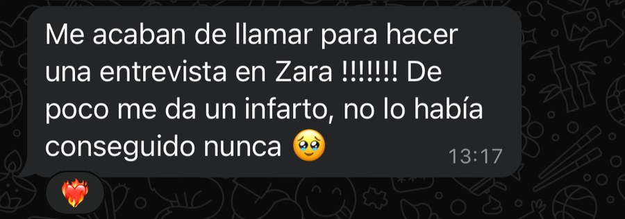 Mensaje de Elisa H. contando que la han llamado para una entrevista en Zara