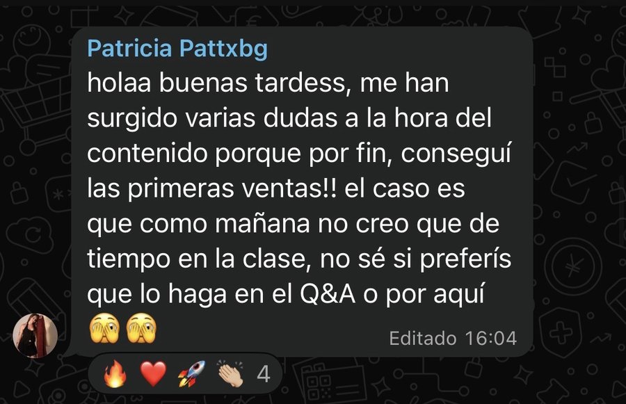 Mensaje de WhatsApp de Patricia contando que ha conseguido sus primeras ventas